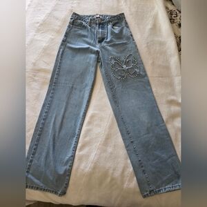 Forever 21 Light Blue Straight-Leg Jeans with Rhinestone Butterfly